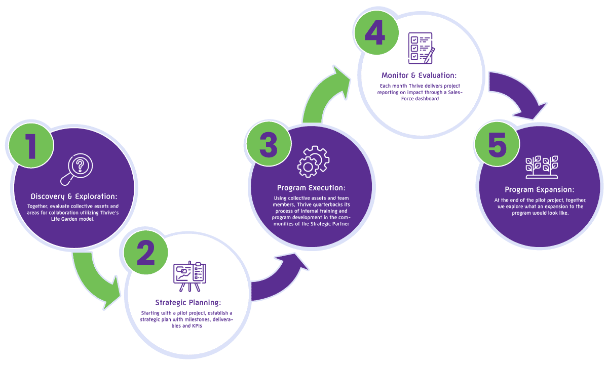 The partnership process spans discovery, exploration, strategic planning, program execution, monitoring, evaluation, and finally, program expansion